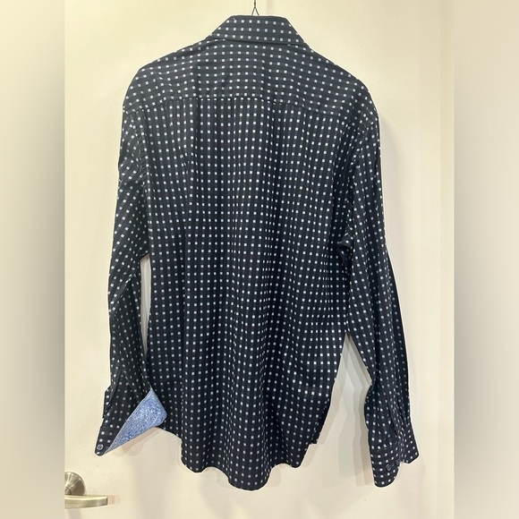 Bugatchi Shaped Fit Large Long Sleeve Shirt - Blue Squares Pattern - Picture 3 of 9
